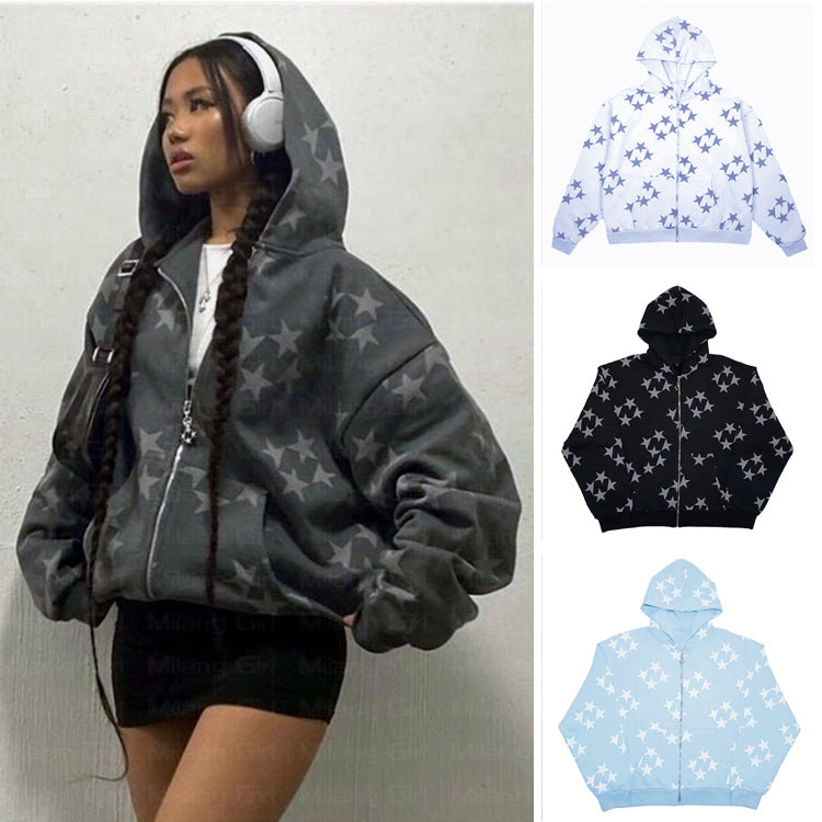 Vyron Stars Print Zip-Up Hooded Cardigan