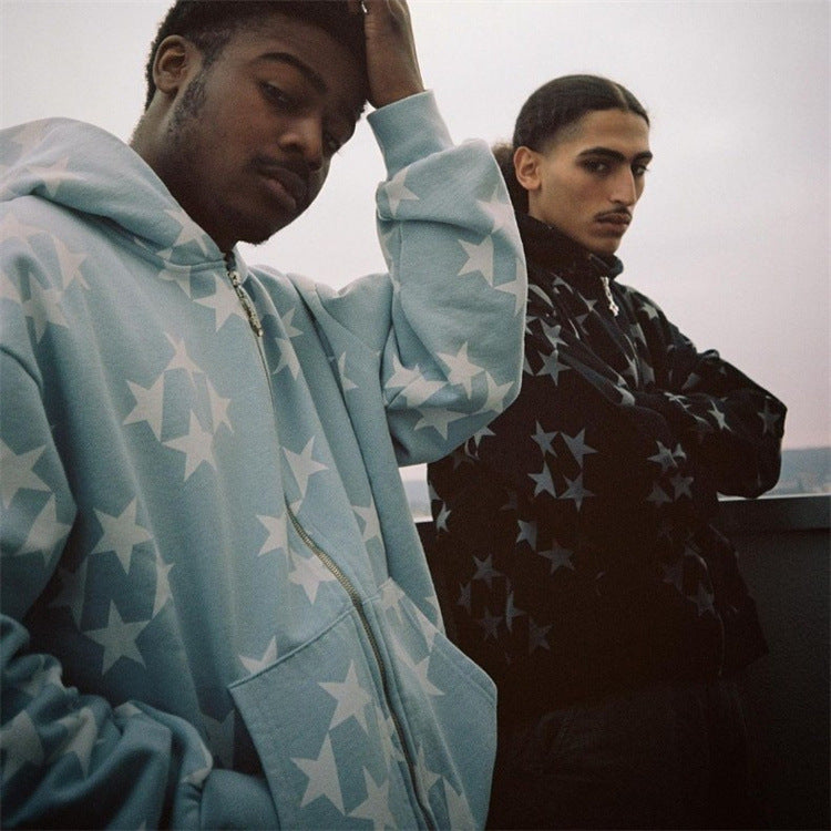 Stars Print Zip-Up Hooded Cardigan (Couple)