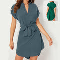 V-Neck Short-Sleeve Belted Dress