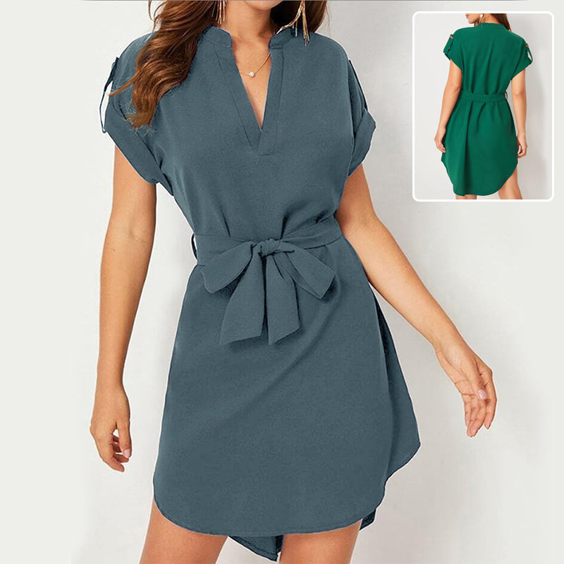 V-Neck Short-Sleeve Belted Dress
