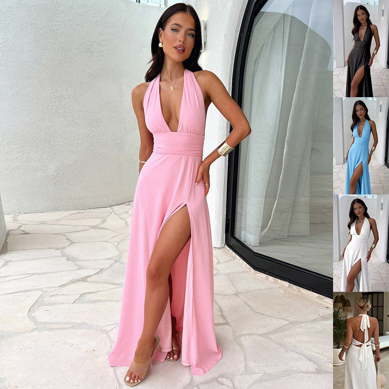 Sexy Halterneck V-Neck Backless Slit Dress