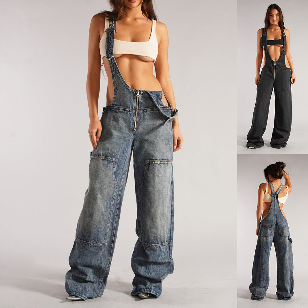 Y2K Zipper Denim Overalls with Pockets