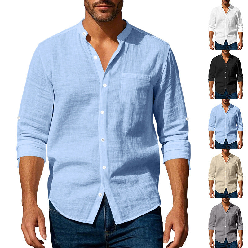 Long-Sleeve Stand Collar Pocket Shirt