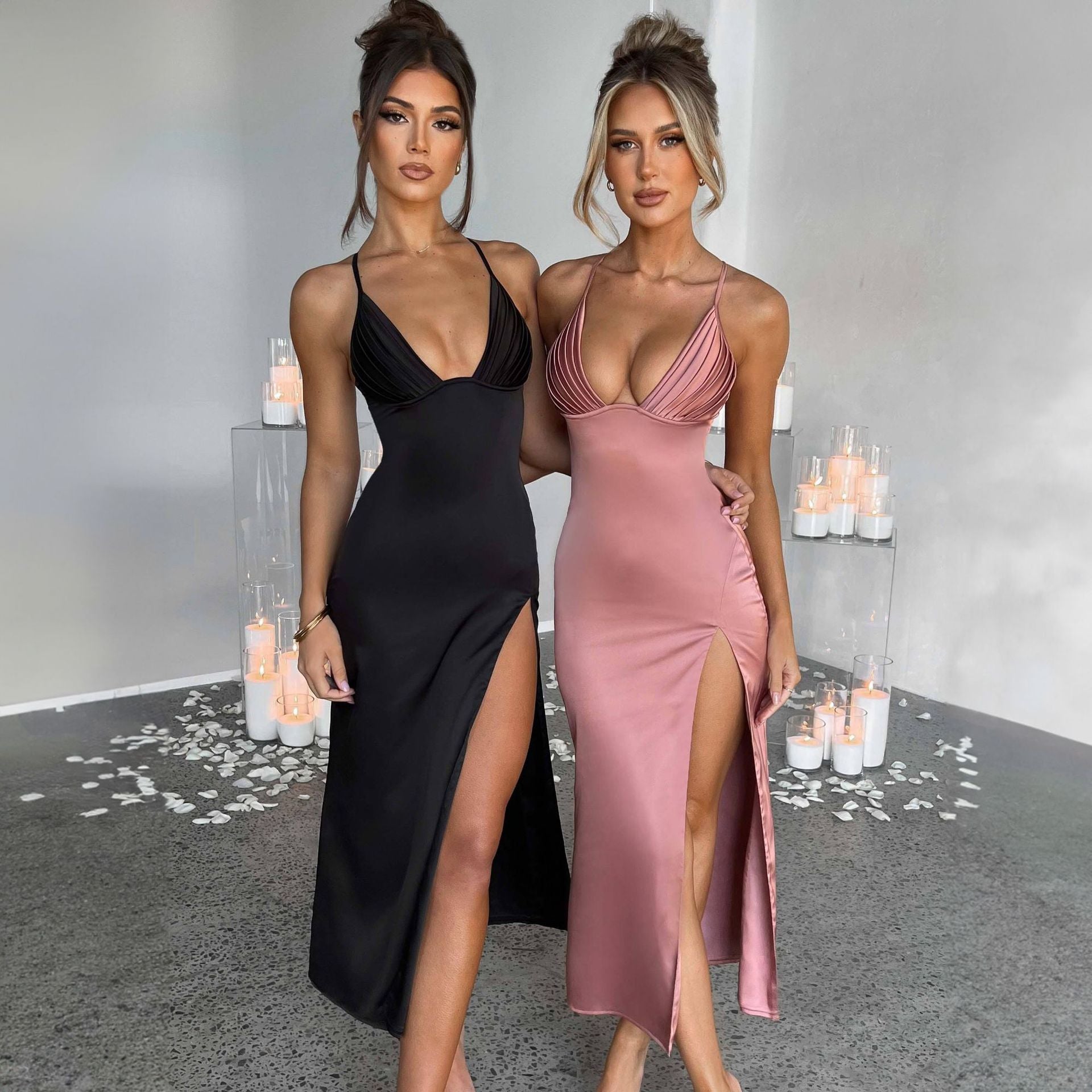 Spaghetti Strap Split Deep V-Neck Dress