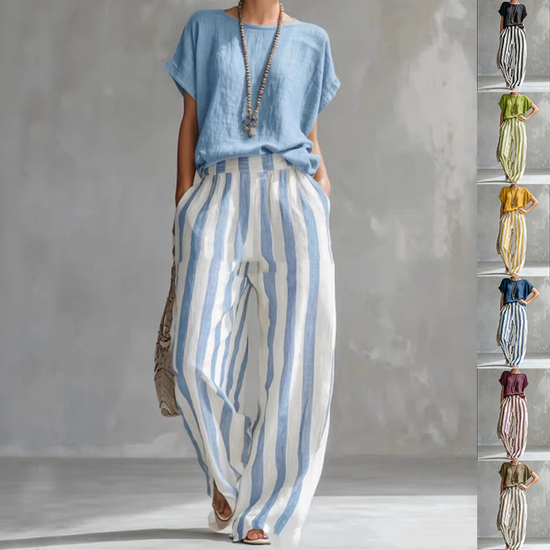 Short-Sleeve Round Neck Trousers Suit
